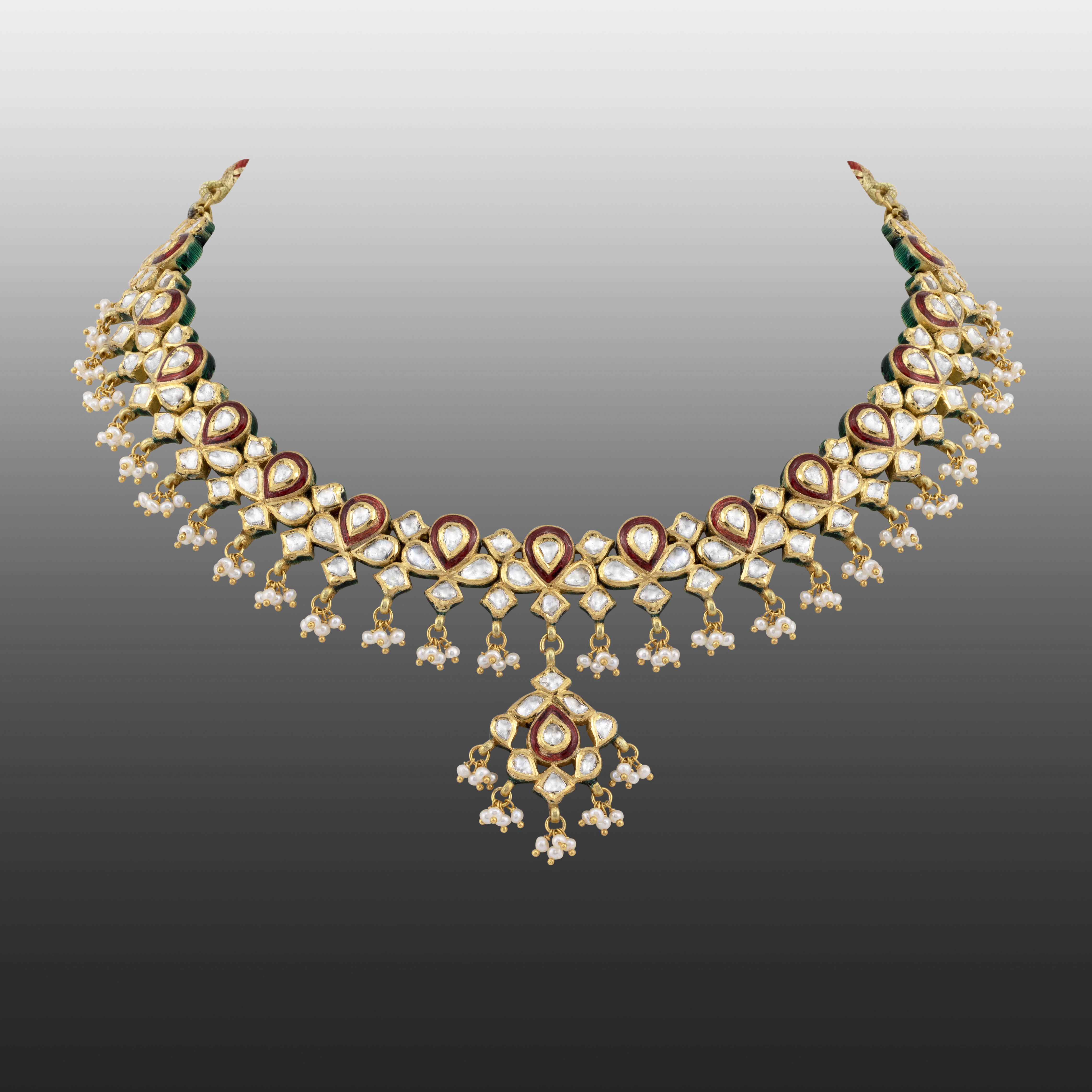 Polki Necklace with Red Enamel and Pearl Bead Clusters